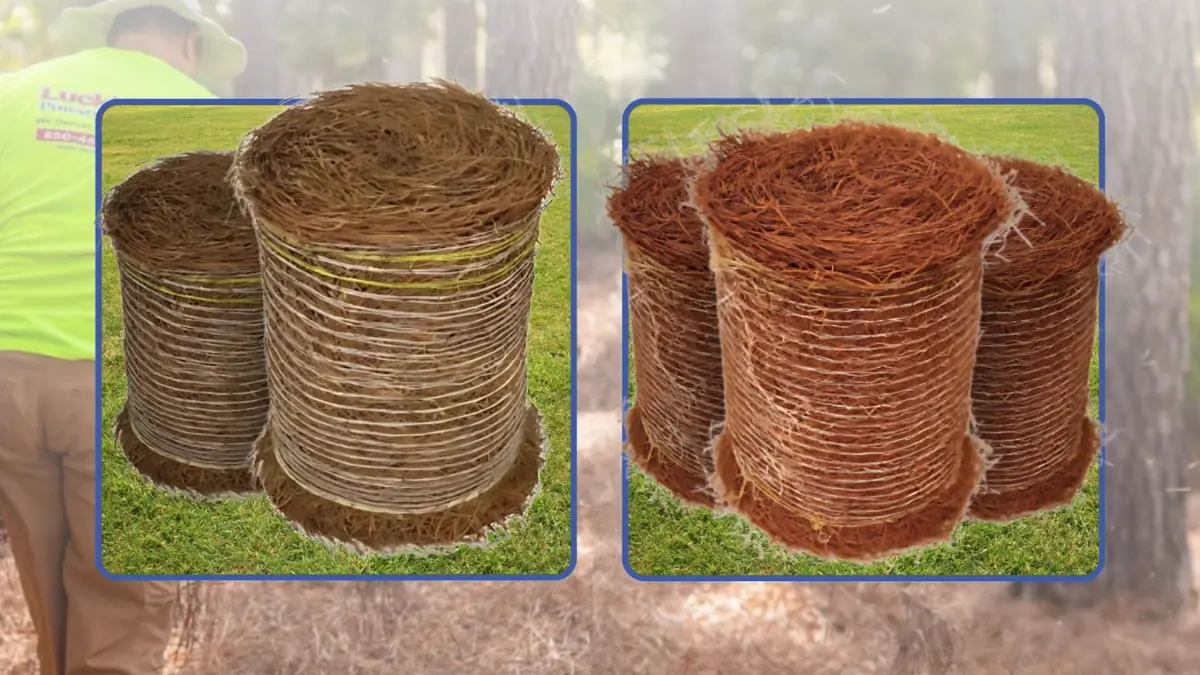 Two natural longleaf rolls beside copper red dyed rolls, framed for easy comparison