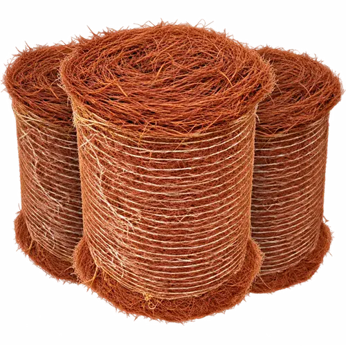 Three rust-red dyed pine straw rolls bound in twine, ends fanning top and bottom