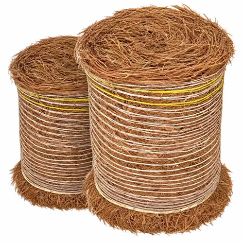 Two tightly bound rolls of tan natural longleaf straw, twine wrapped with a yellow band