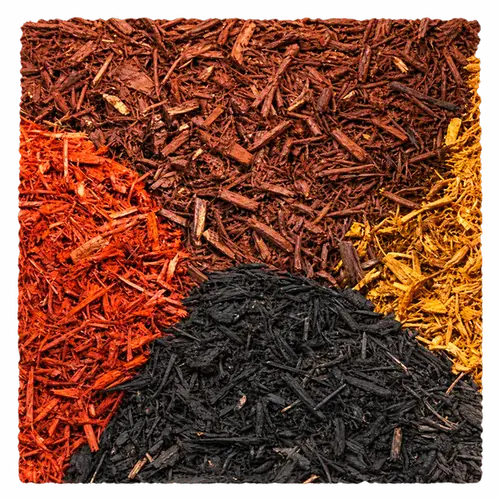 Square swatch quartered into brown, orange-red, black and golden shredded mulch